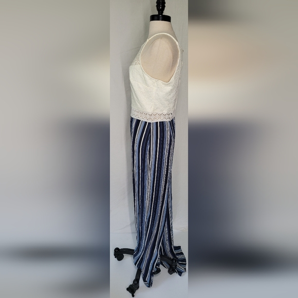 NWT I.N. Blue White Stripe Sleeveless Lace Bodice Wide Leg Jumpsuit, Sz 11 - Picture 5 of 15